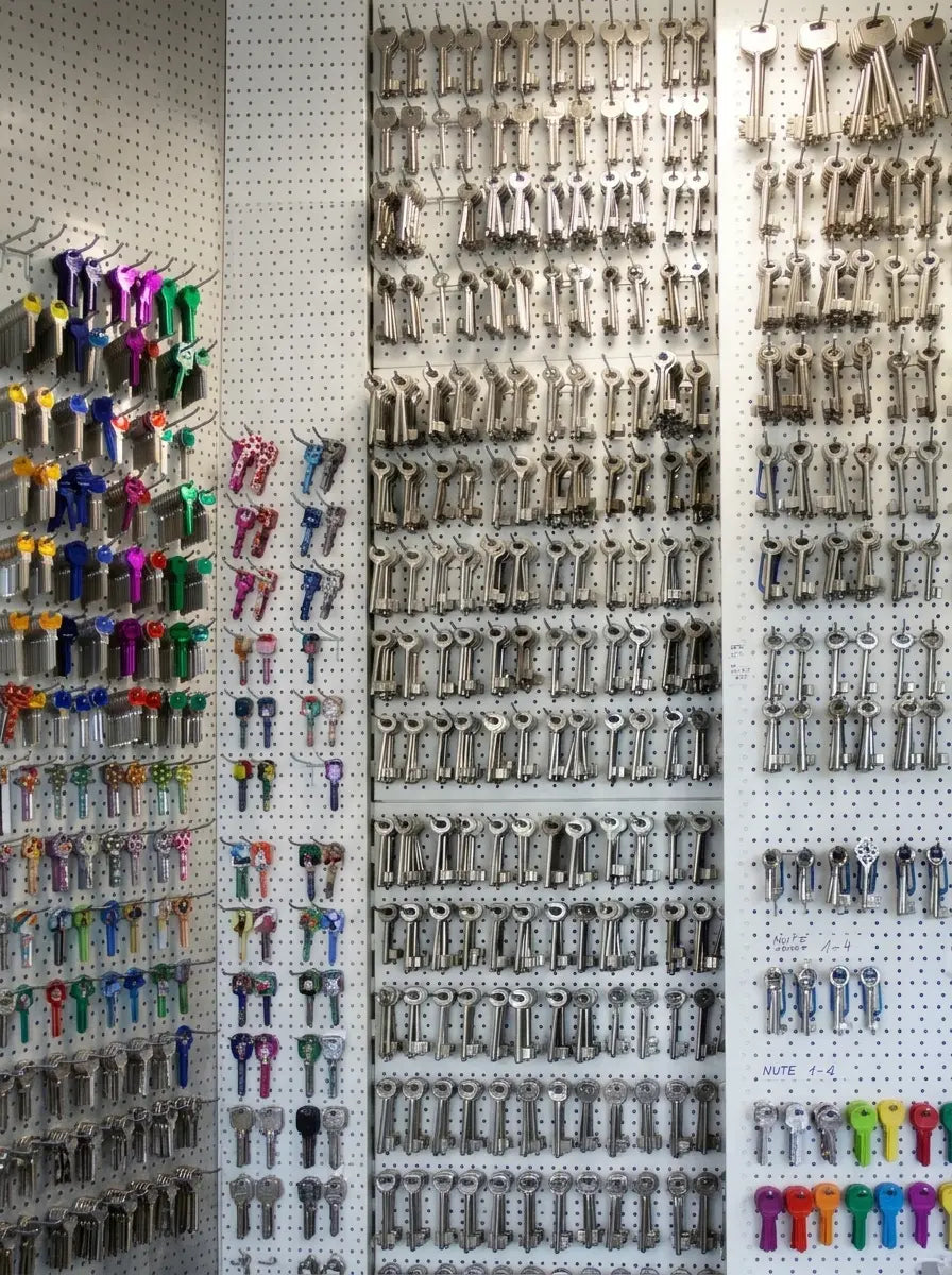 Bunte Schlüsselrohlinge und Chubbschlüssel an der Schlüsselwand